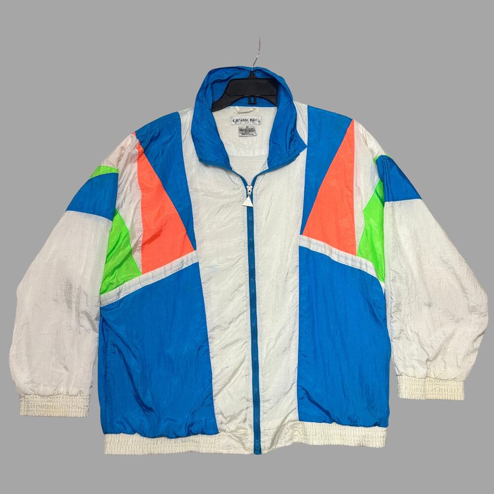 Vintage 90s Neon Windbreaker Jacket Large Colorblock Full Zip Casual Isle